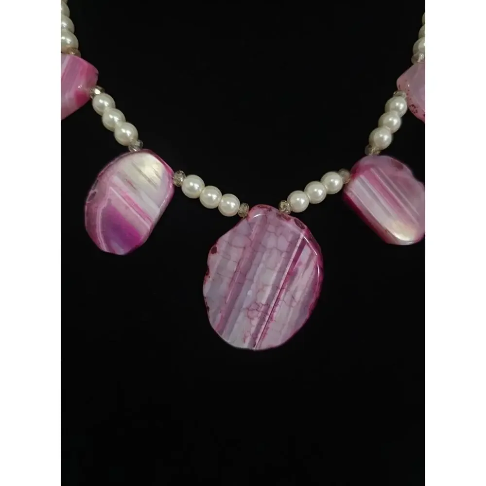 Statement Necklace With Pink Dyed Agate Slice Pendants On White Faux Pearls